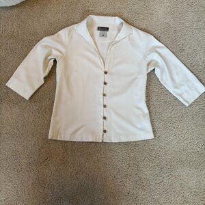 Columbia Raw Silk & Cotton Creme Wood Button Front Top 3/4 Sleeve Women's Size M